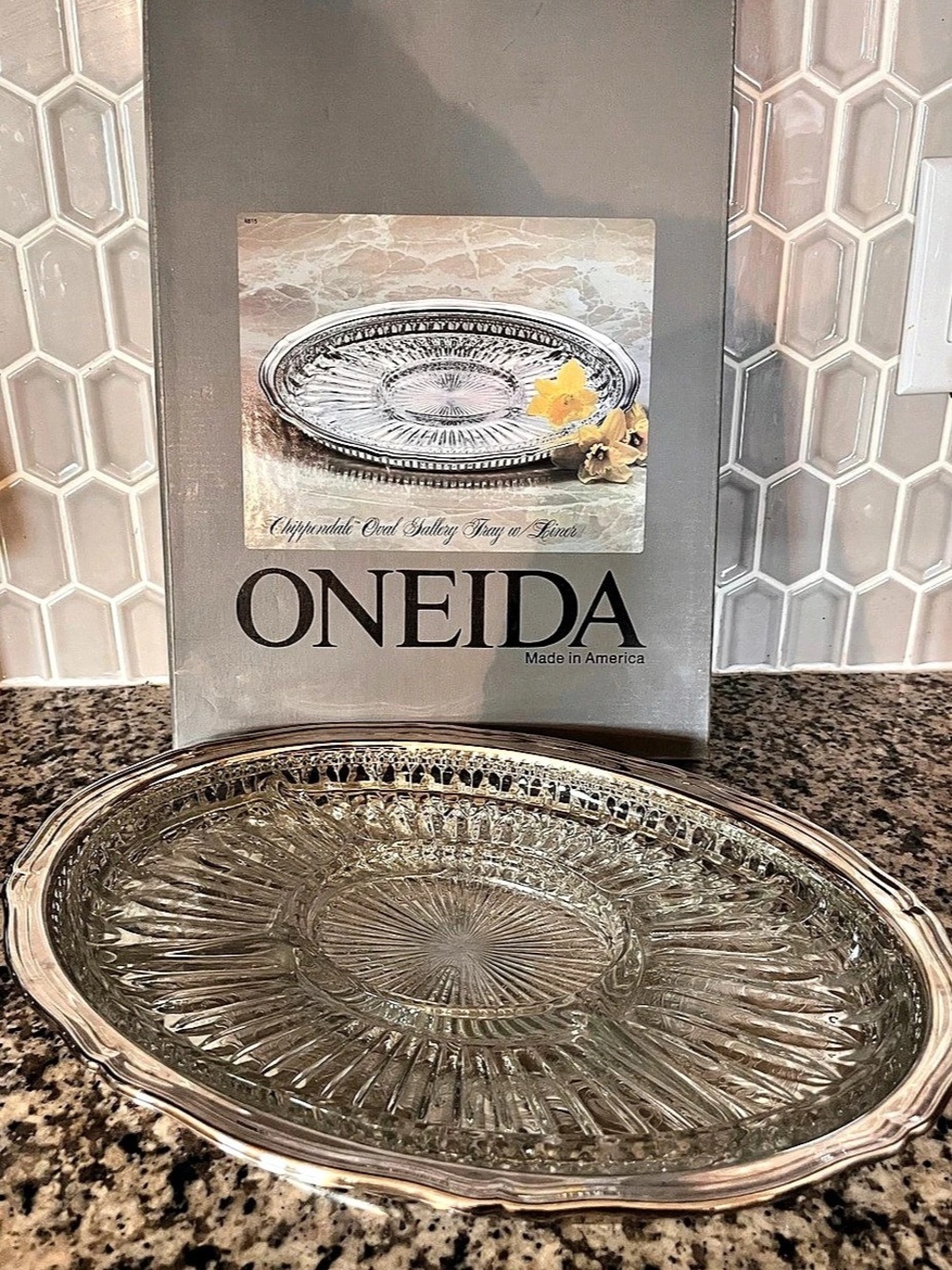 Oneida Qual Gallery Tray 14 x 12 approx Silver & Clear Tray Like New